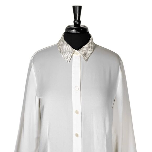 Chico's Women's Shirt Button Up Ivory Gold Embellished Blouse Top Size 2 US L/12 - Picture 5 of 10